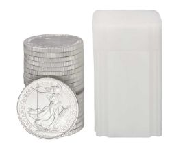 20x UK 1oz Fine Silver Britannias 2012, two pounds face value; housed in a tube, some with bag marks