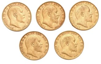 5x Edward VII, Sovereigns 1910; all grading at least very fine, some better