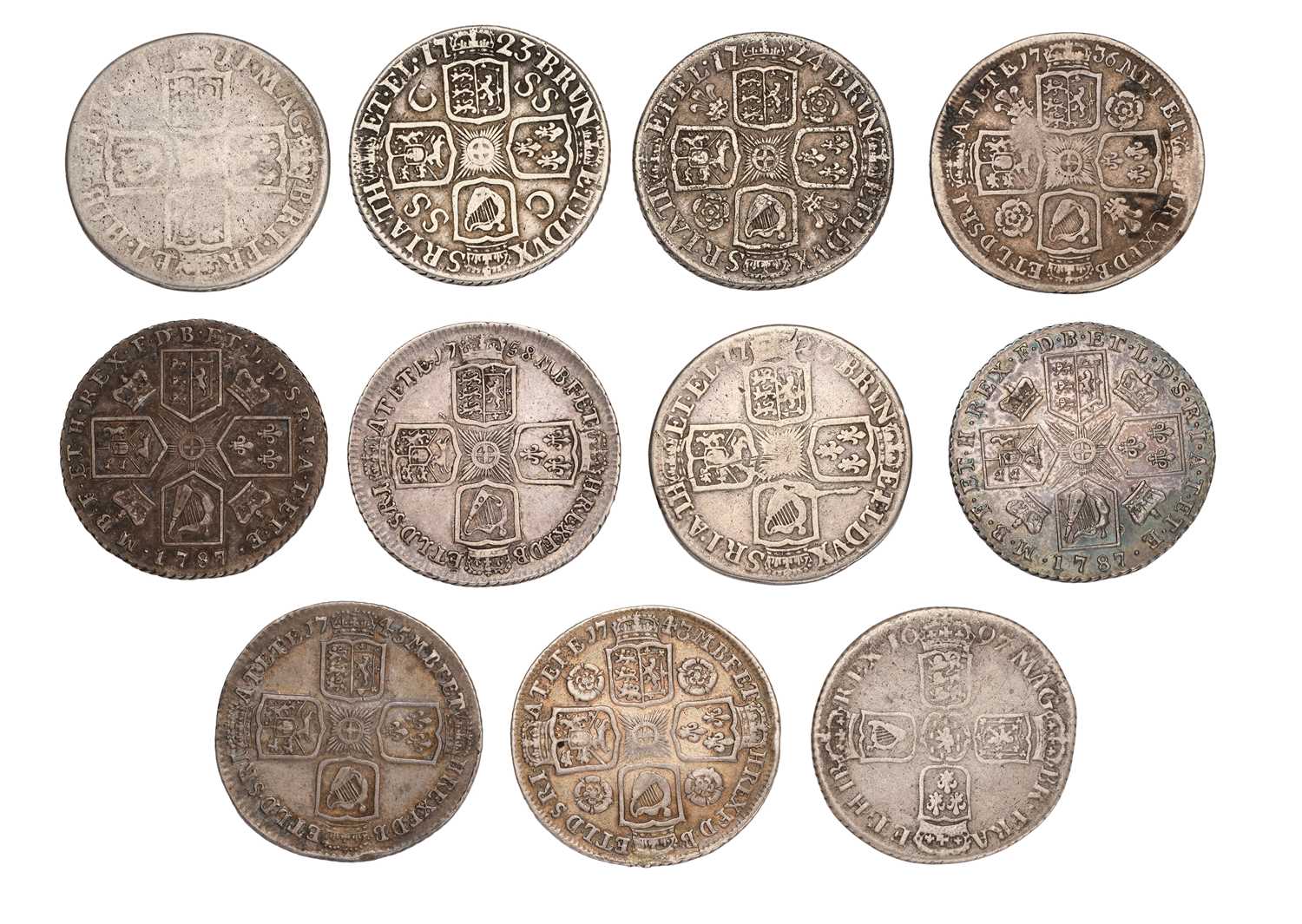 17th and 18th Century Shillings; 11 coins comprising; William III, 1697N, Norwich Mint, (S.3501); - Image 2 of 2