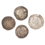 4x Charles I Coins, comprising; shilling, 5.83g, mm. triangle, large Briot's bust with double-arched