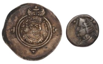 2x Ancient Persian Coins, comprising; Sasanian Empire, Silver Drachm, Khusru II, 4.3g, Hamadan Mint;