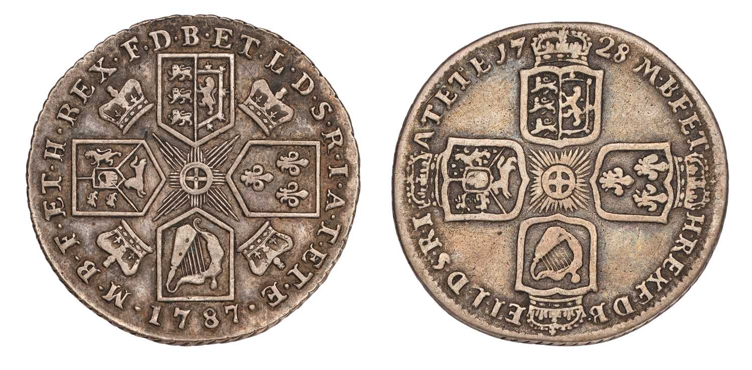 George II, Shilling 1728, plain angles (S.3699), obverse near fine, reverse good fine; together - Image 2 of 2
