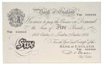 Bank of England, 'White' Five Pounds, P.S. Beale, London 2nd October 1951, serial V86 00859 (EPM