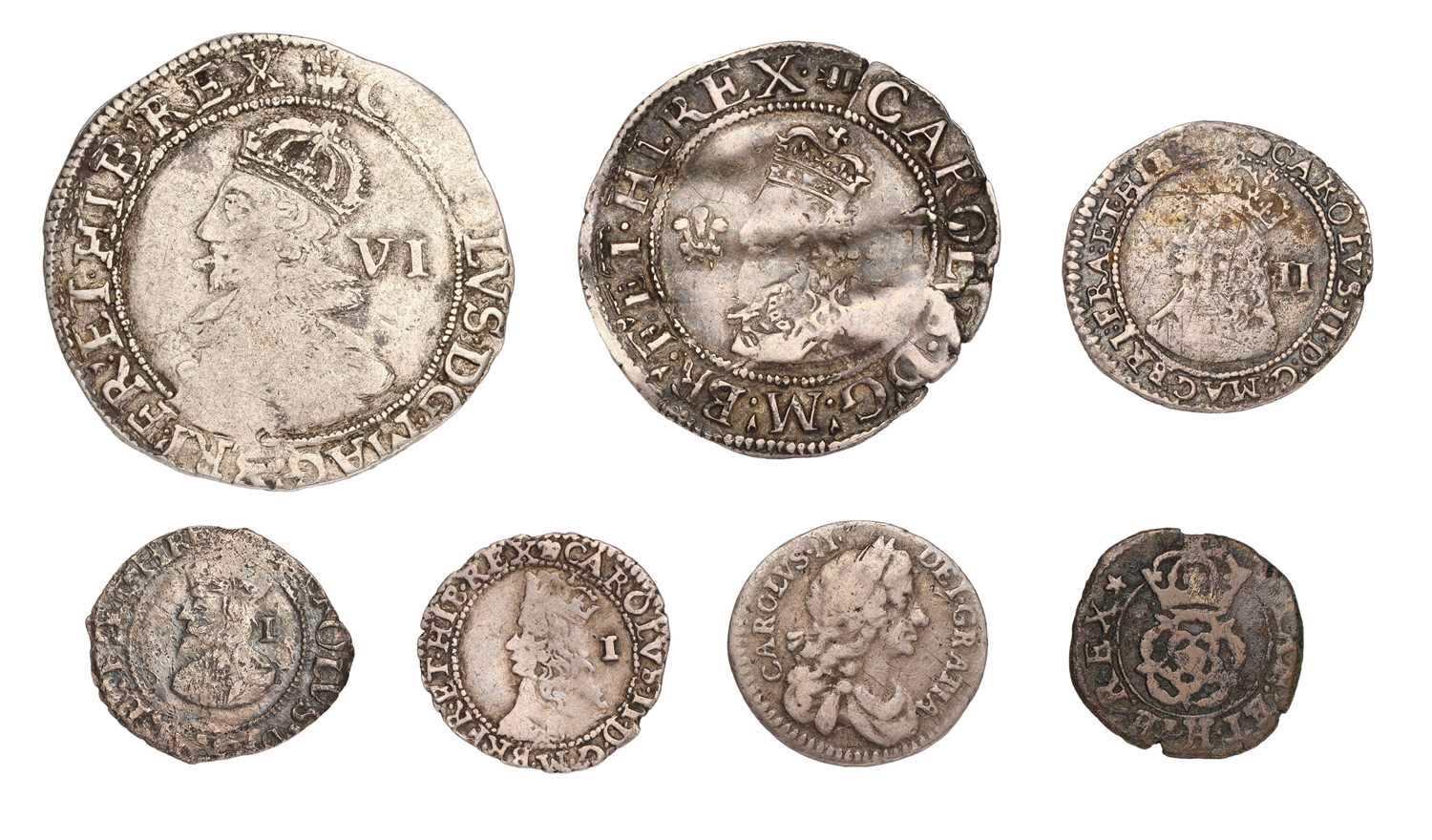 Selection of Charles I and II Coins, 7 coins to include; Charles I, sixpence, group C, mm. plume, CR
