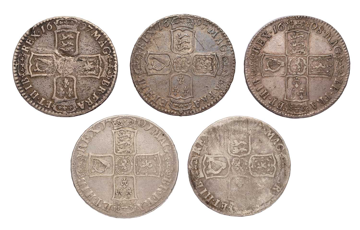 5x William III, Halfcrowns comprising: (2x) 1697, NONO, first bust, large shields, ordinary harp, ( - Image 2 of 2