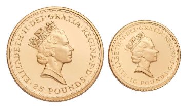 Britannia Gold Two-Coin Proof Set 1987, comprising; 25 pounds (.917 gold, 22mm, 8.51g) and 10 pounds