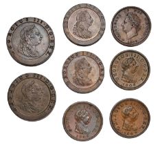 8x George III, Copper Coins, comprising; twopence 1797, small obv. edge bump at 10 o'clock & faint