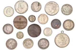 Assortment of World Coins; 16 coins to include; USA, 'Morgan' dollar 1921, mounted as a pendant; '