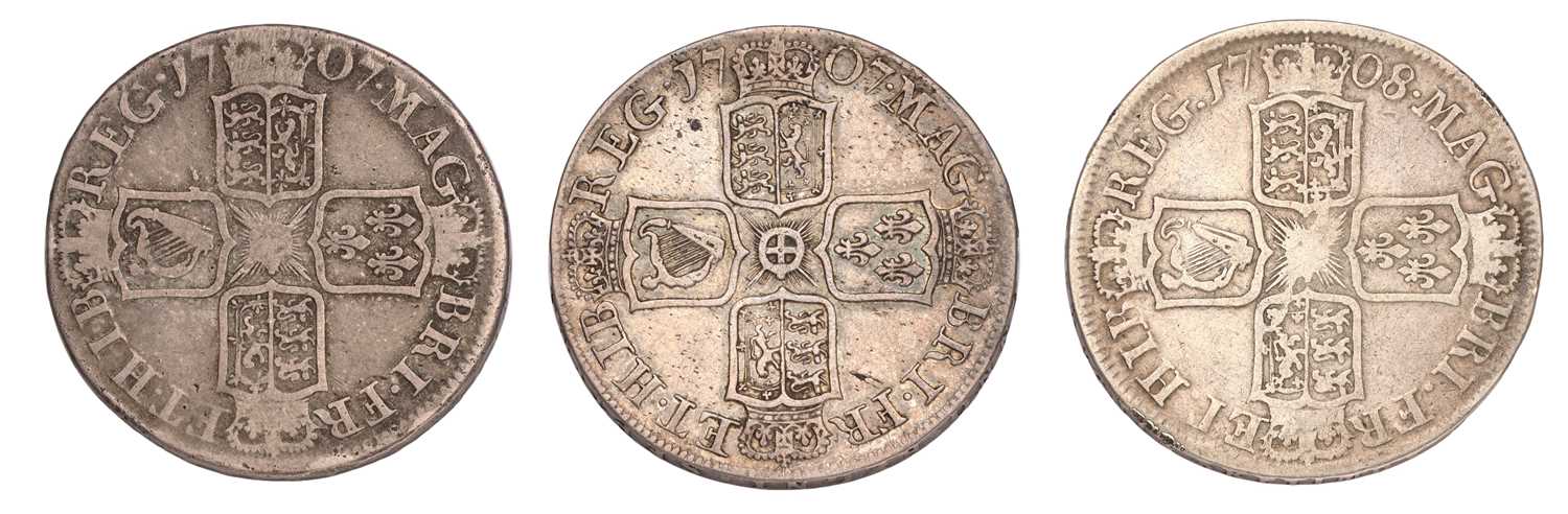 3x Anne, Halfcrowns, comprising; 1707, SEPTIMO (S.3604) haymarked, good edge, near very fine/very - Image 2 of 2