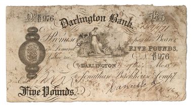 Darlington Bank £5, 17th May 1870, serial no. E/U 976, for Jonathan Backhouse and Company, signed