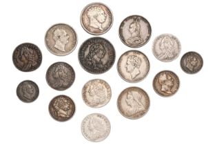 Mixed 18th and 19th Century Silver Coinage; 15 coins comprising: George II, 5x sixpences, (3x)