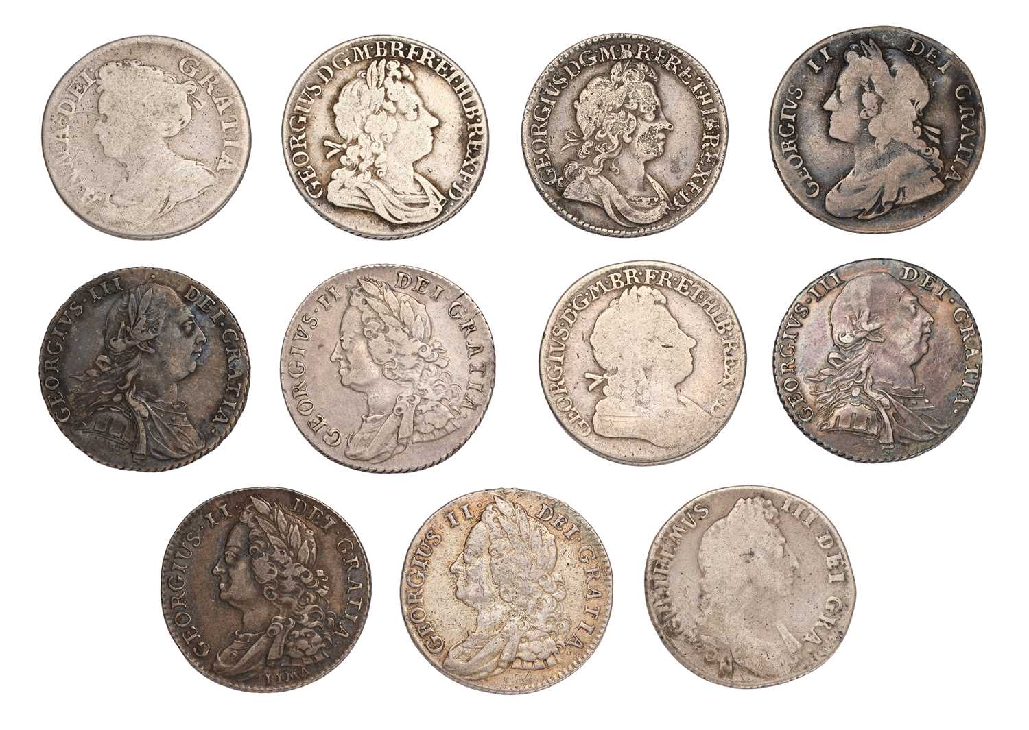 17th and 18th Century Shillings; 11 coins comprising; William III, 1697N, Norwich Mint, (S.3501);