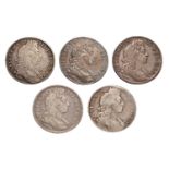 5x William III, Halfcrowns comprising: (2x) 1697, NONO, first bust, large shields, ordinary harp, (