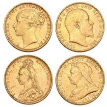 4x UK Sovereigns, comprising; Victoria, 1880 near very fine; 1889 very fine; 1894M very fine; and,
