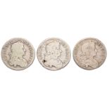 3x Charles II, Crowns, comprising; 1671 V.TERTIO, second bust (S.3357); 1677 V.NONO, third bust (S.