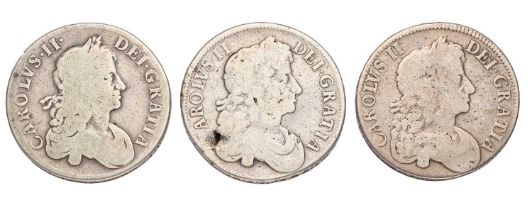 3x Charles II, Crowns, comprising; 1671 V.TERTIO, second bust (S.3357); 1677 V.NONO, third bust (S.