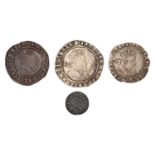 4x James I Coins, comprising: shilling, second coinage, 5.06g, mm. escallop, fourth bust (S.2655),