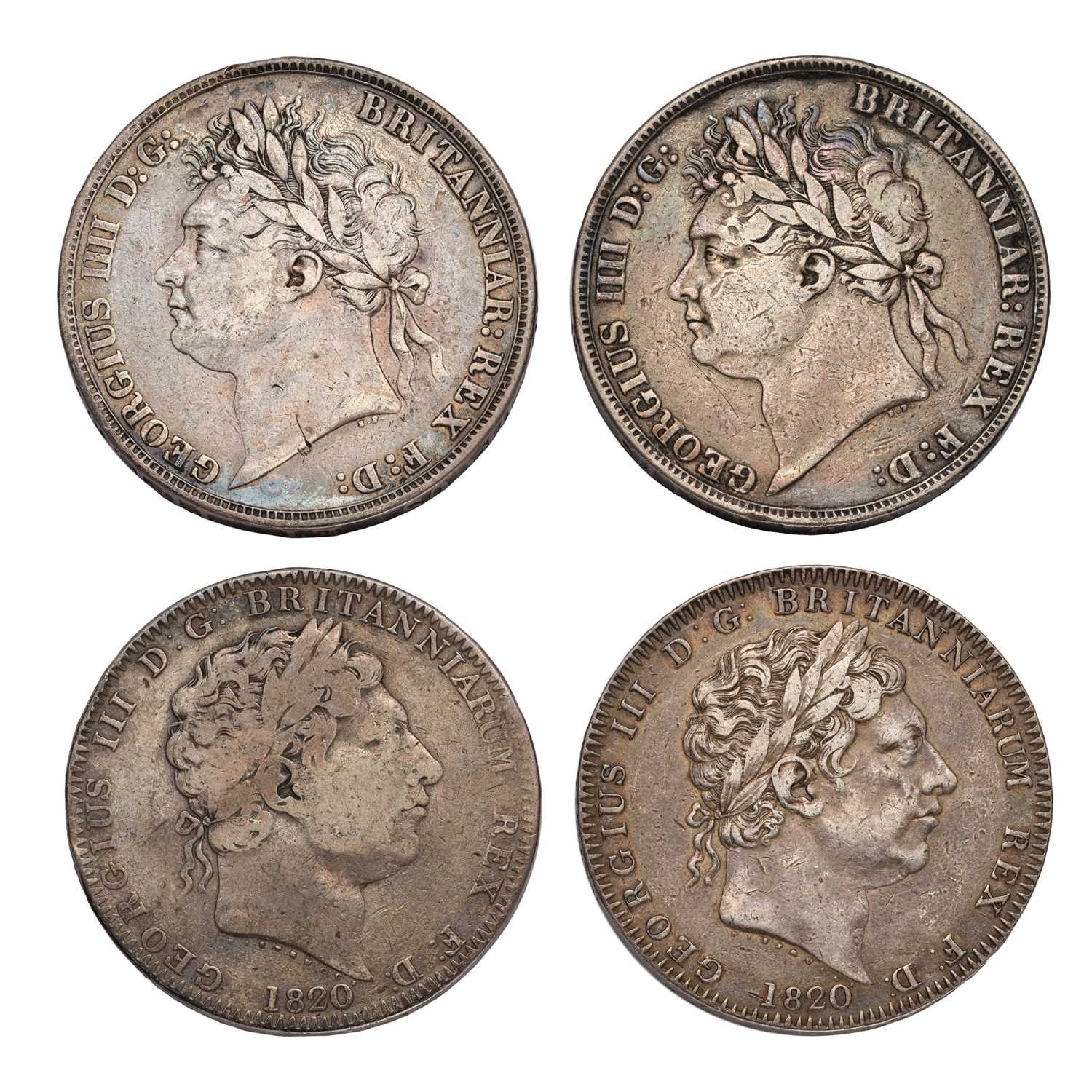 4x Regency Period Crowns, to include; (2x) George III, 1820LX (both S.3787); and, (2x) George IV,