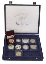 Assorted World Silver Coins and Commemoratives; 9 coins comprising; Australia, proof $5 1993,