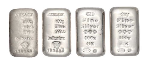 4x 100g Fine Silver Bars, 2x SAO Sheffield .999 bars; and, 2x Metalor, Switzerland .999 bars; the