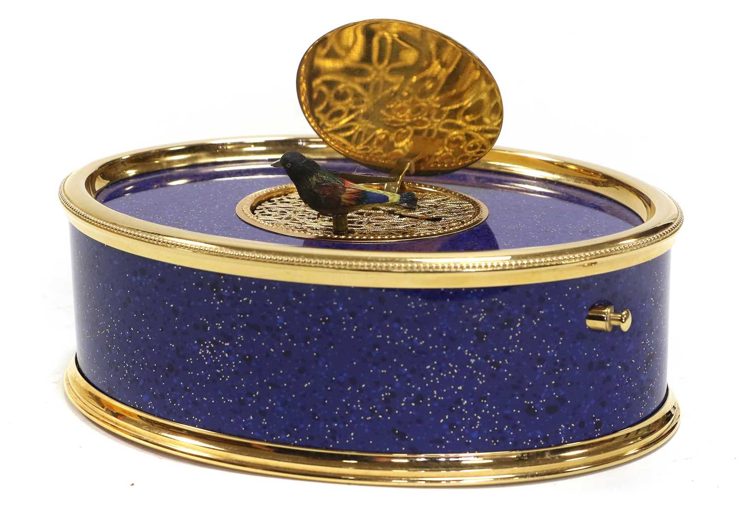 A Faux Lapis Lazuli And Gilt Metal Oval Singing Bird Box, By Reuge - Image 2 of 2