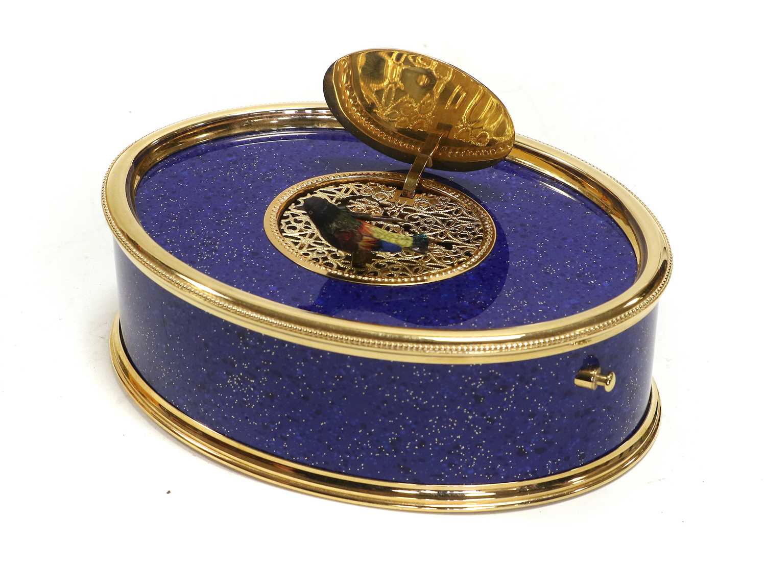 A Faux Lapis Lazuli And Gilt Metal Oval Singing Bird Box, By Reuge