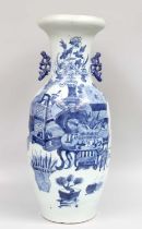 A Chinese Porcelain Vase, 19th century, with pierced twin handles, painted in underglaze blue with