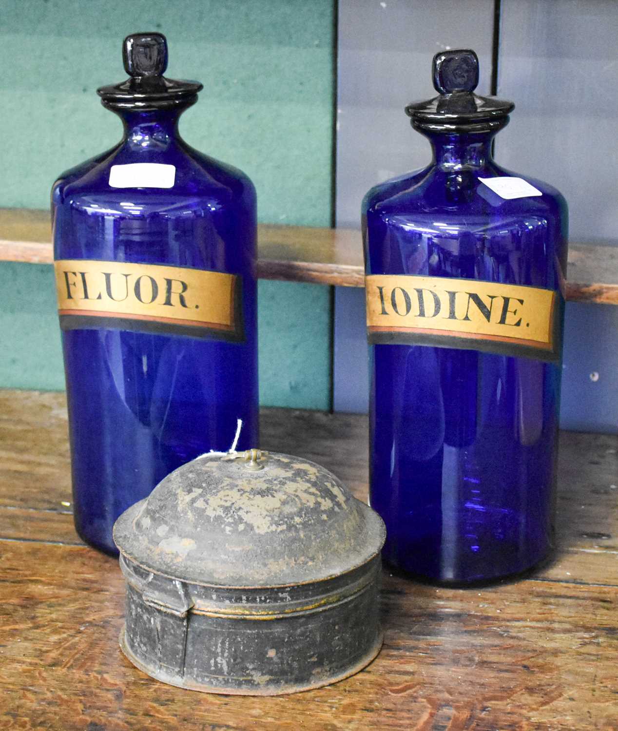 A 19th Century Oak Table Top Stationary Cabinet, toleware spice tin, blue glass chemists jar and