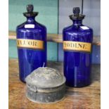 A 19th Century Oak Table Top Stationary Cabinet, toleware spice tin, blue glass chemists jar and