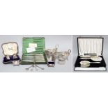 A Collection of Assorted Silver and Silver Plate, including a cased pair of pepperettes, in the