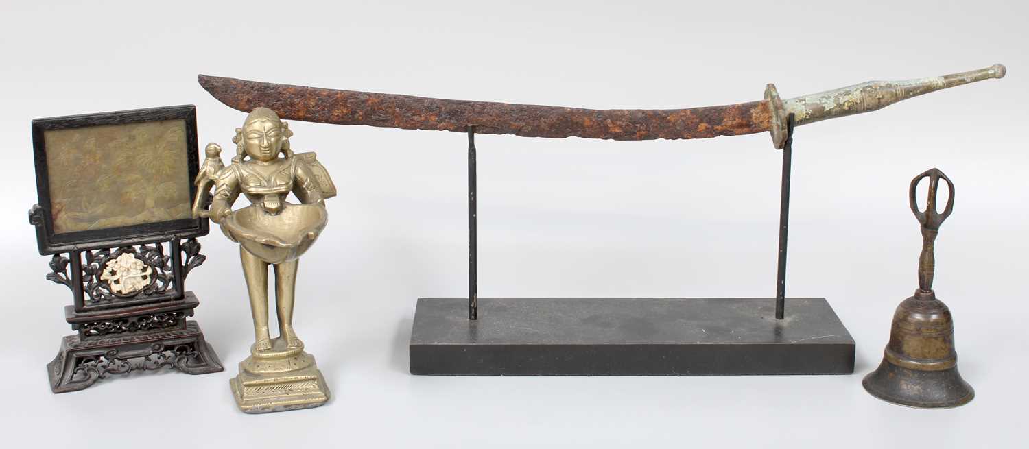 A Chinese Miniature Table Screen, Indian bronze oil lamp, Tibetan bronze bell and a small model