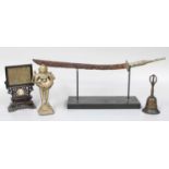 A Chinese Miniature Table Screen, Indian bronze oil lamp, Tibetan bronze bell and a small model