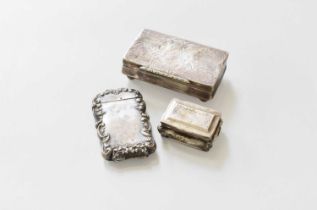 Three Various Silver Boxes, comprising a French oblong box on four ball feet, the hinged cover