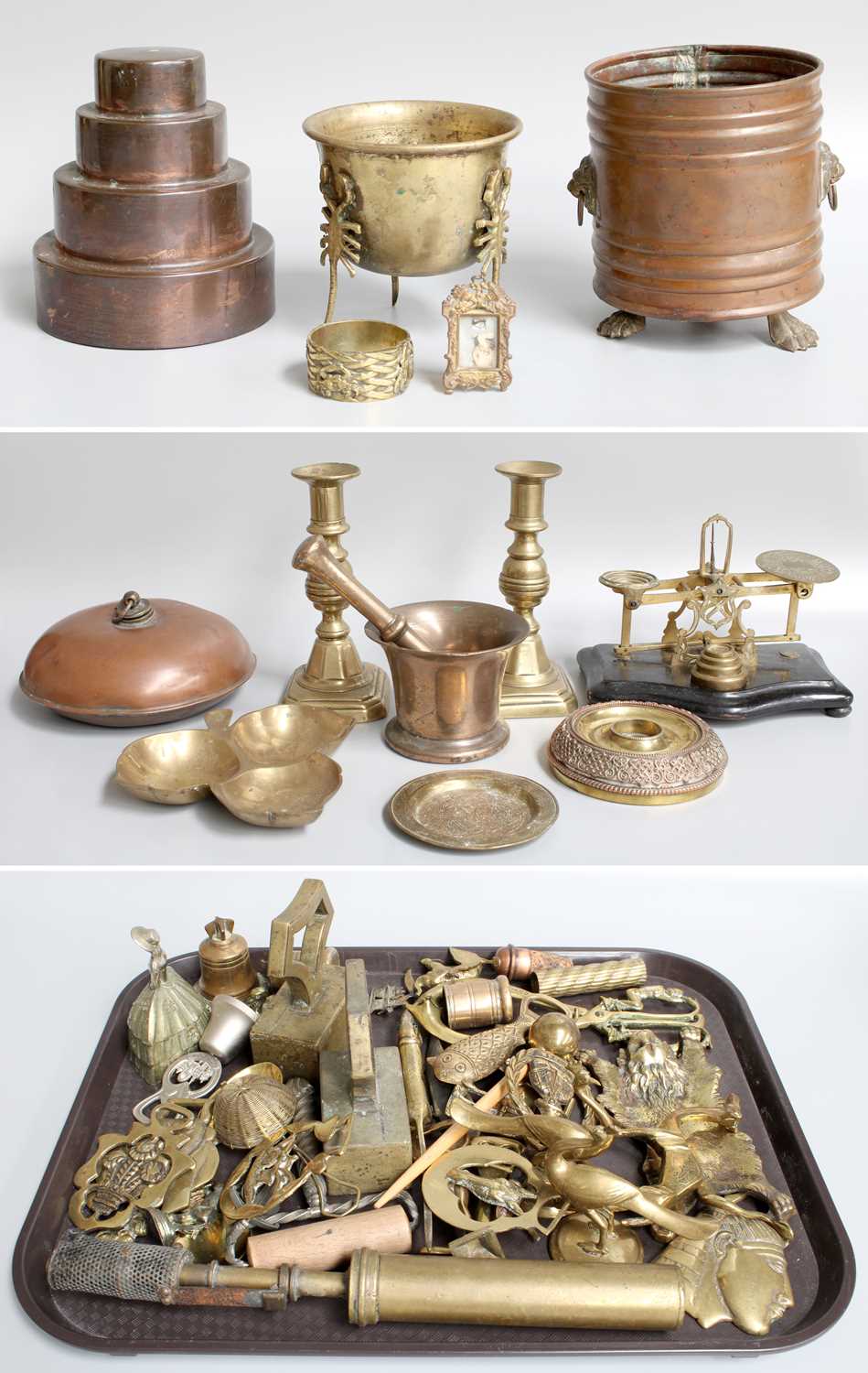 Assorted Brass, Copper and Mixed Metalwares, including a set of postal scales, a pestle and