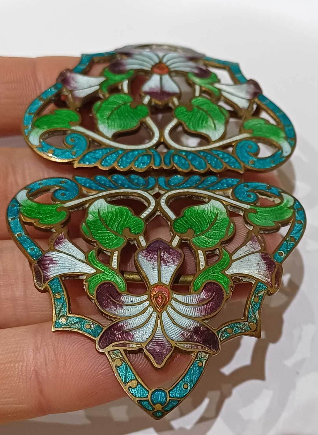 An Enamel Belt Buckle, of floral design, enamelled in green, blue and purple tones The buckle is - Image 2 of 6