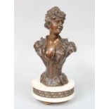 An Art Nouveau Patinated Bronze Bust of a Girl, on later alabaster plinth and gilt toupie feet, 27cm