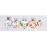 Five Various Silver-Mounted Ceramic Scent-Bottles, the ceramic bodies painted variously on four with