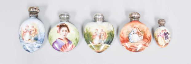 Five Various Silver-Mounted Ceramic Scent-Bottles, the ceramic bodies painted variously on four with