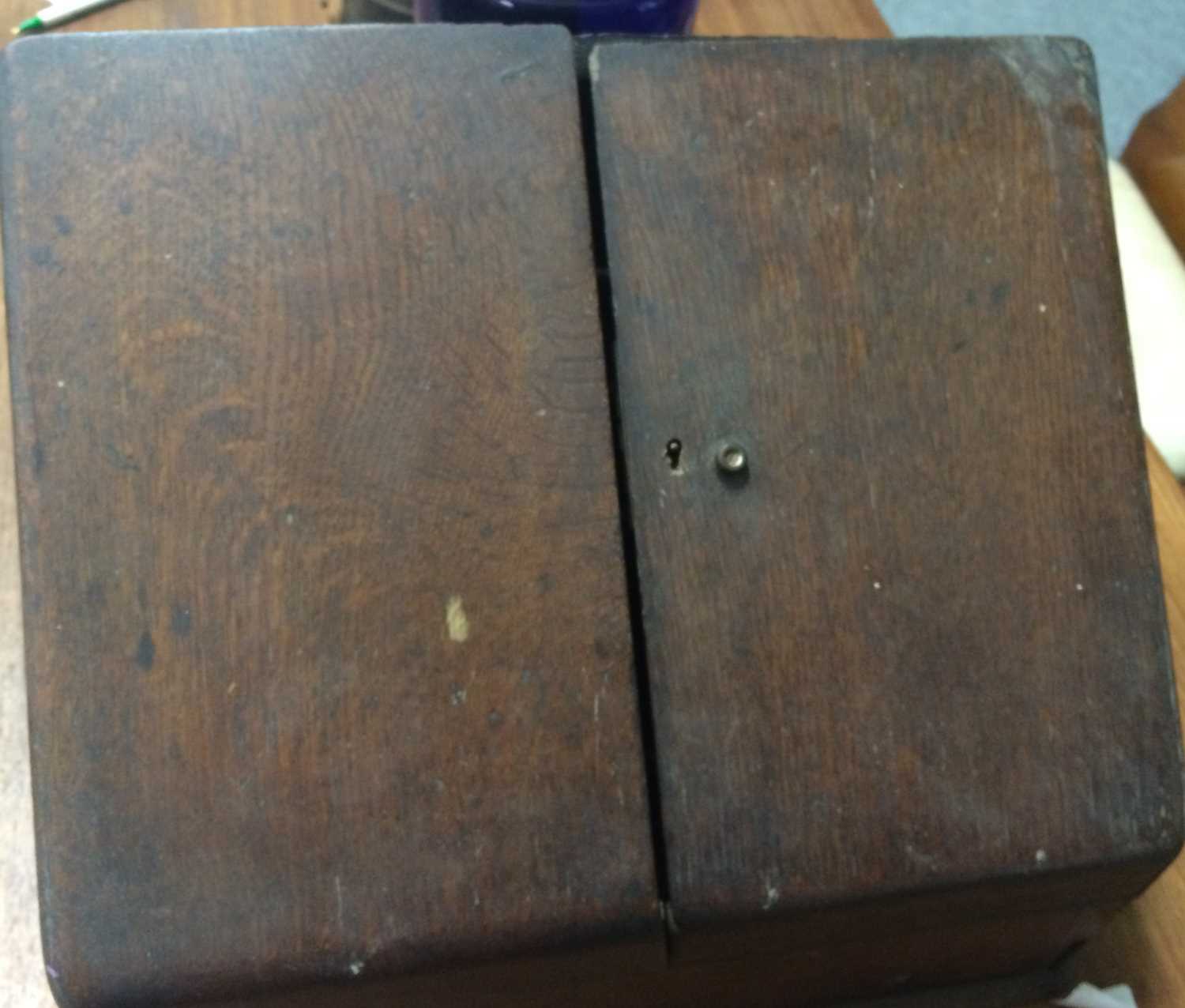 A 19th Century Oak Table Top Stationary Cabinet, toleware spice tin, blue glass chemists jar and - Image 14 of 20