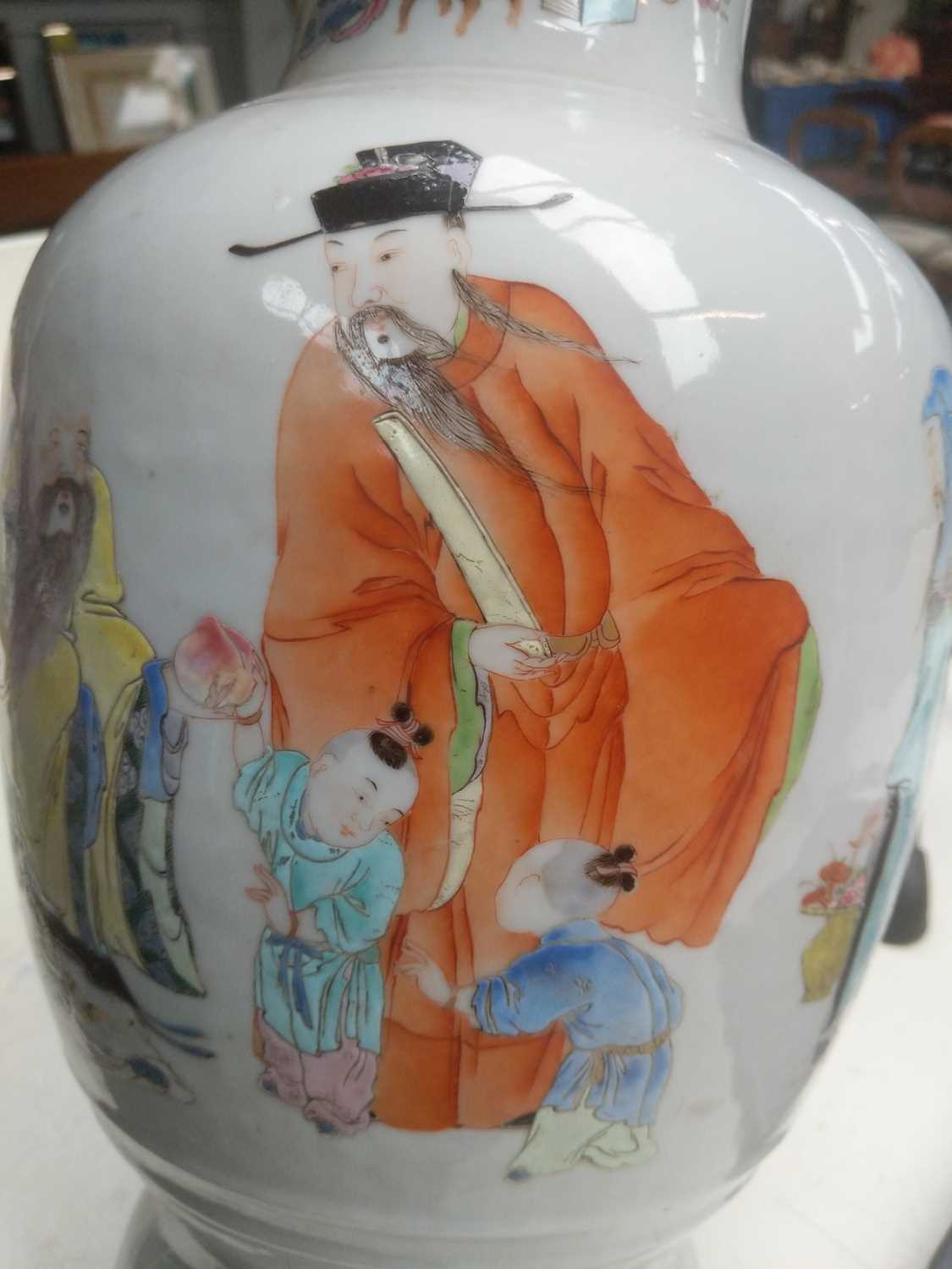 A Chinese Porcelain Vase, late 19th century, painted in coloured enamels with figures in a continual - Image 12 of 17