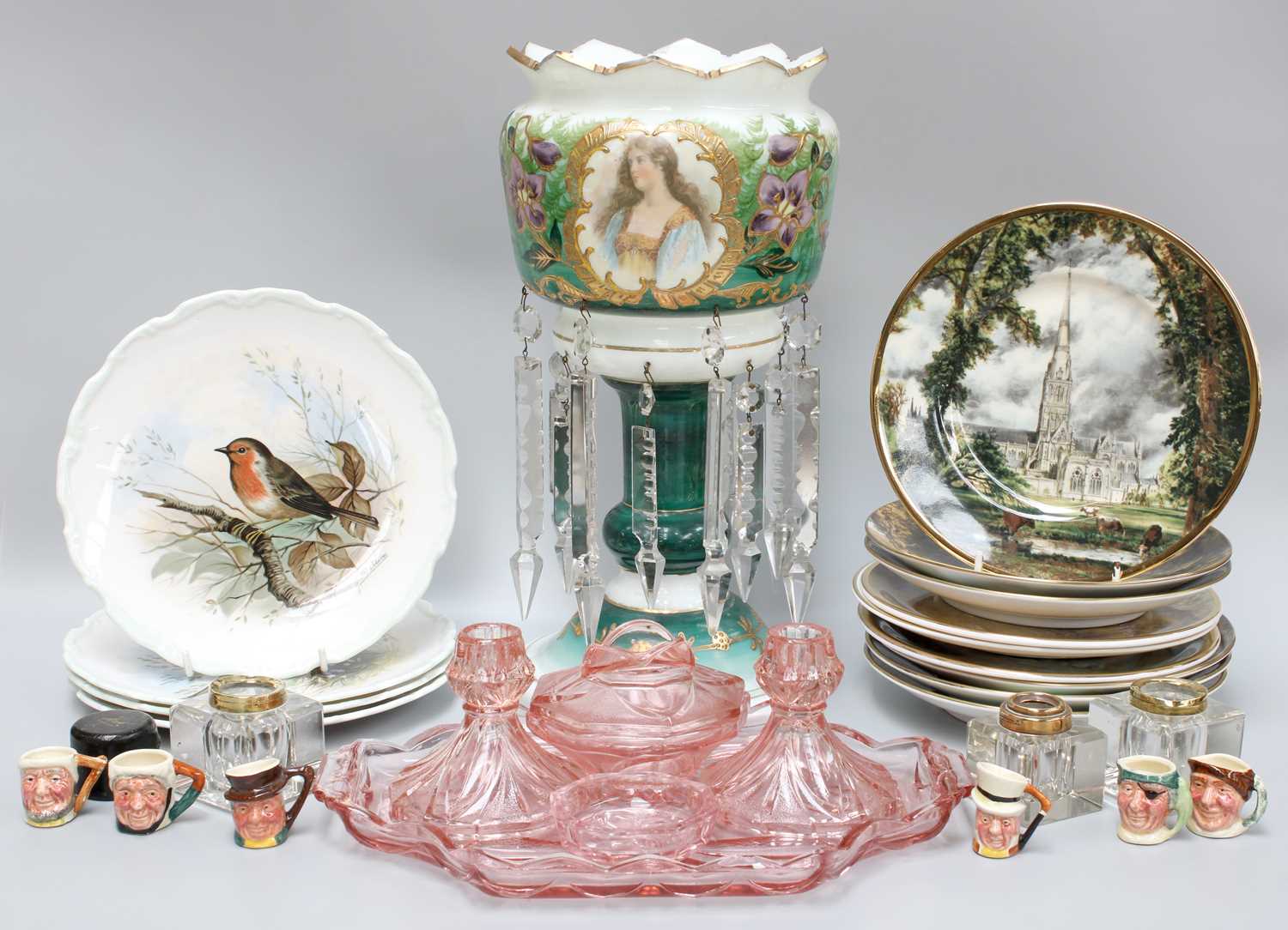 An Edwardian Opaque Glass Table Lustre, decorated with a portrait, together with a collection of