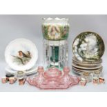 An Edwardian Opaque Glass Table Lustre, decorated with a portrait, together with a collection of