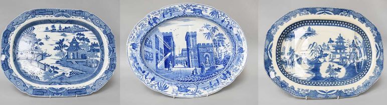 A Spode Pearlware Oval Meat Dish, circa 1820, moulded with well and tree, printed in underglaze