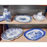 A Victorian Flow Blue Transfer Printed Meat Plate, by Cauldon, 58cm w; together with three others