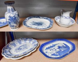 A Victorian Flow Blue Transfer Printed Meat Plate, by Cauldon, 58cm w; together with three others