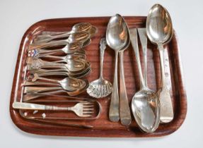 A Collection of George III and Later Silver Flatware, various patterns, weighable silver 32oz