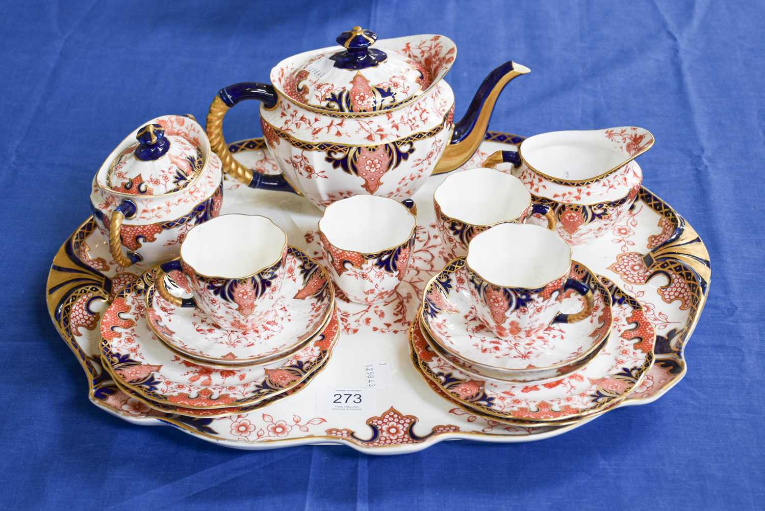 A Royal Crown Derby Porcelain Imari Part Teaset on Cabaret Tray, 1901 and other dates, comprising: