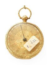 A Lady's 18 Carat Gold Fob Watch, single chain fusee lever movement signed J B Linsey, Shoredith,