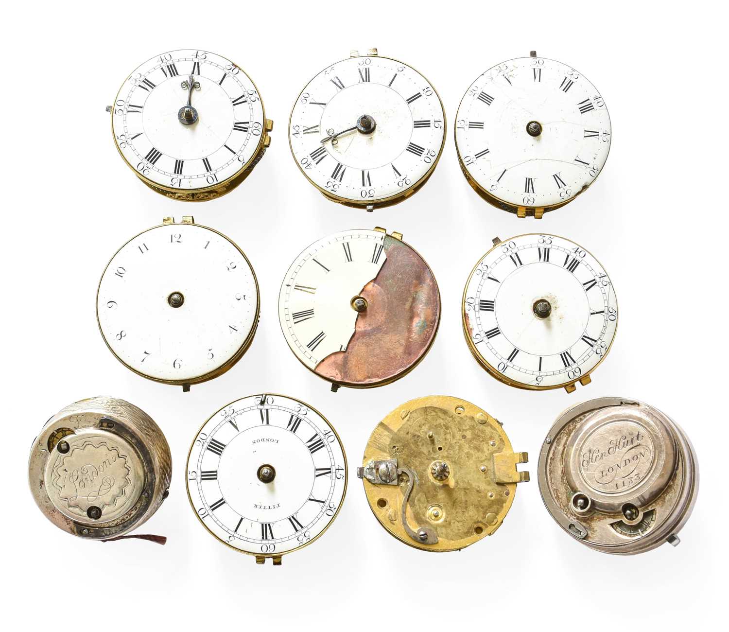 Ten 18th Century Pocket Watch Movements, signed Markham, London, Thos Noon, Ashby, Jas Montagu, - Image 4 of 4