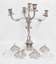 A Victorian Silver Plate Five-Light Candelabrum Centrepiece, Second Half 19th Century, on trefoil